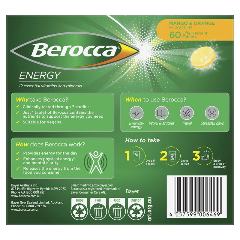 berocca energy vitamin b & c orange and mango flavour 60 pack